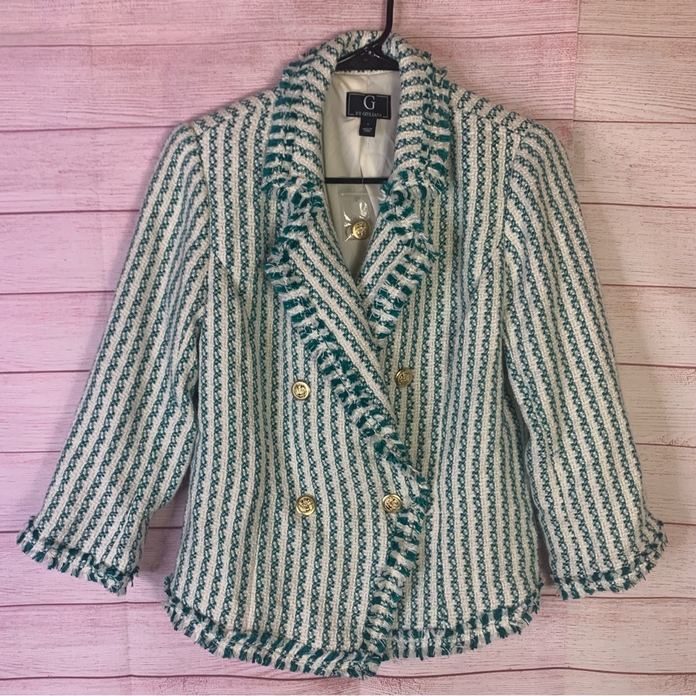 G Giuliana Stripe Fringe Tweed Blazer Size Small